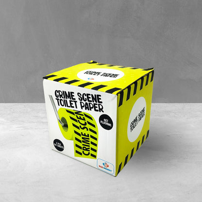 Crime Scene toilet paper yellow and black packaging with the roll printed on the box.