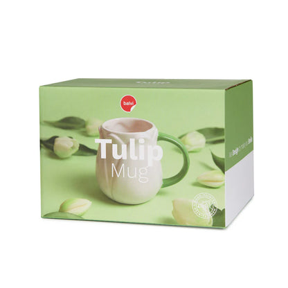 White Tulip mug in its box on a green background