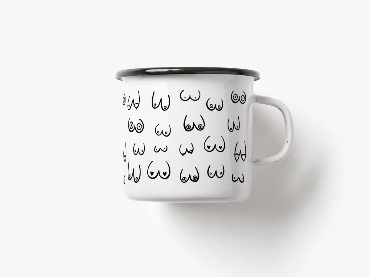 The Boob Friends mug seen from a different angle, with the same doodles.