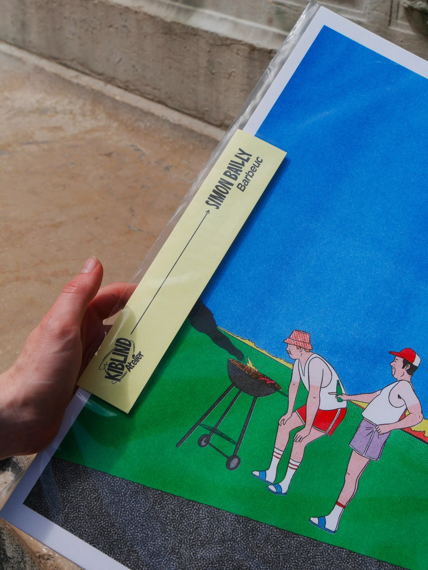 Barbeuc poster, a hand holding the yellow band above the barbecue illustration