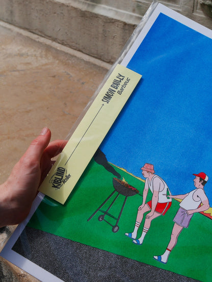Barbeuc poster, a hand holding the yellow band above the barbecue illustration