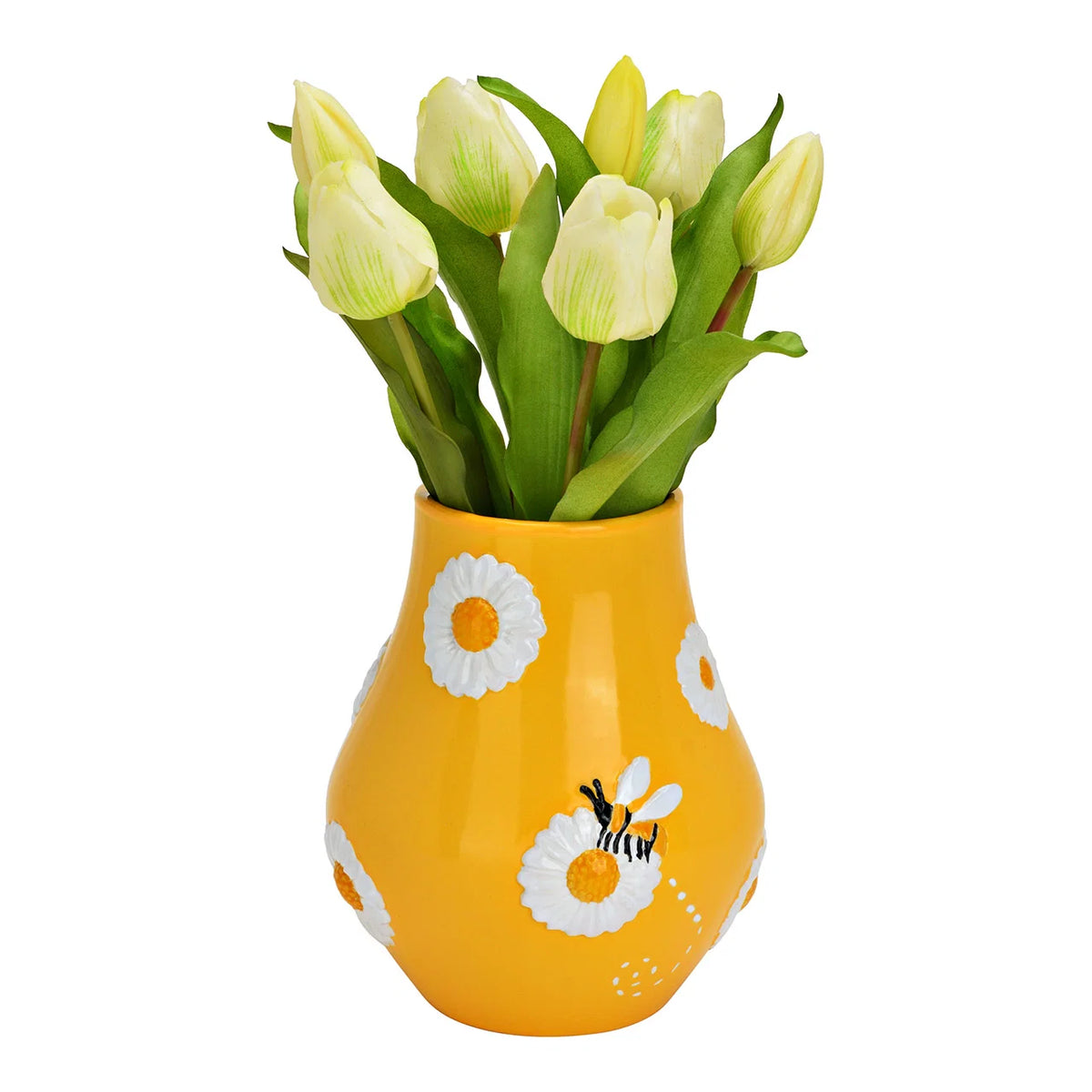 The Bee Happy vase with pale yellow tulips rising from the opening.