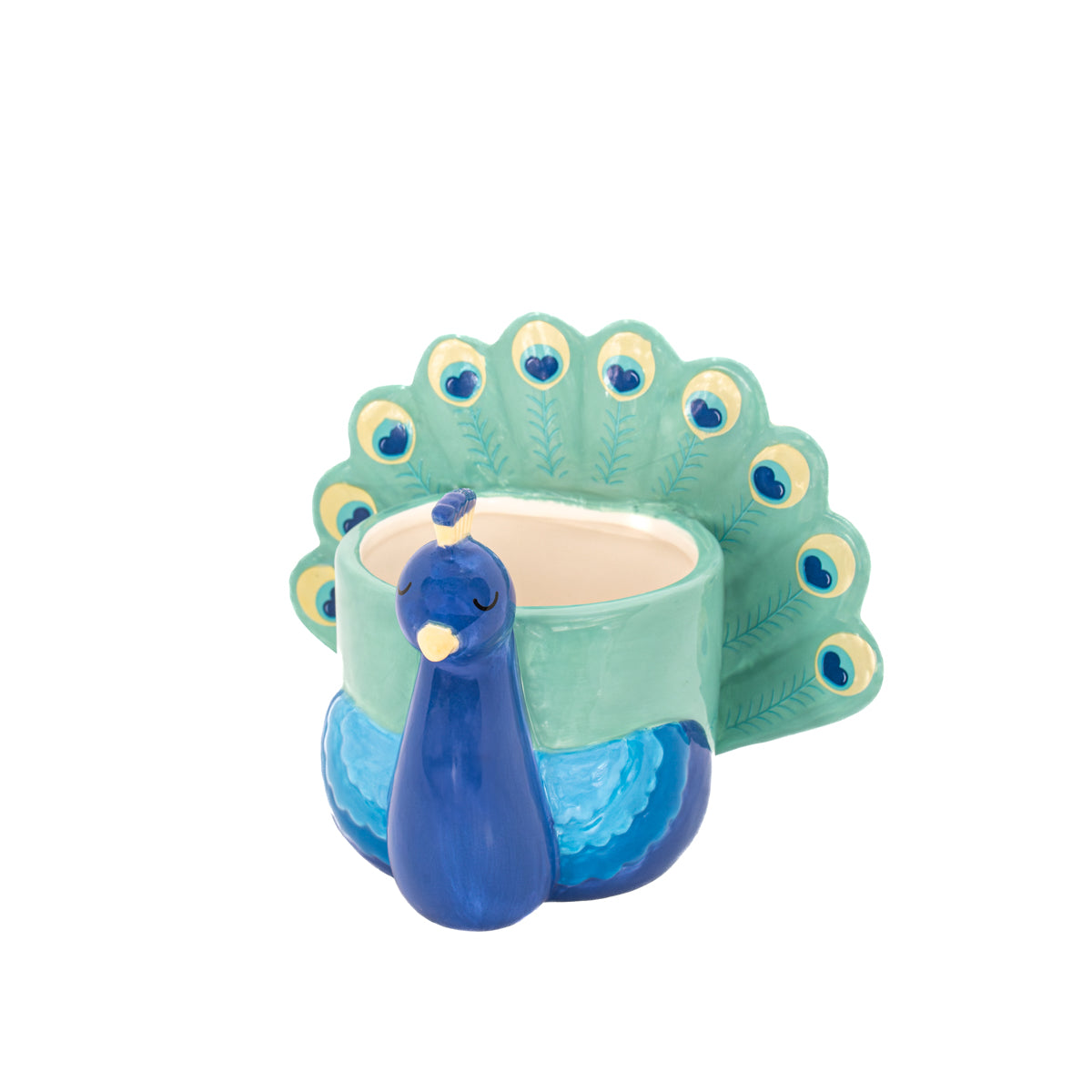 Mini Vaso Pavone: a blue-and-green ceramic peacock with its tail fanned open, shown empty.