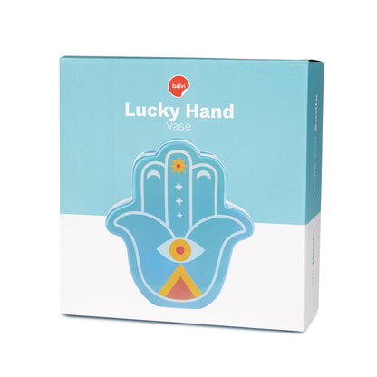 Blue Lucky Hand vase in its box with the hand design