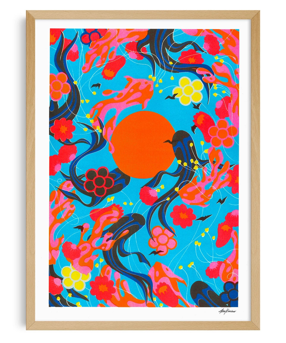 Poster If I Close My Eyes and: poster incorniciato con un motivo floreale astratto rosso e blu e un sole arancione