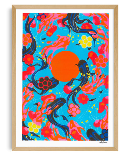 Poster If I Close My Eyes and: poster incorniciato con un motivo floreale astratto rosso e blu e un sole arancione