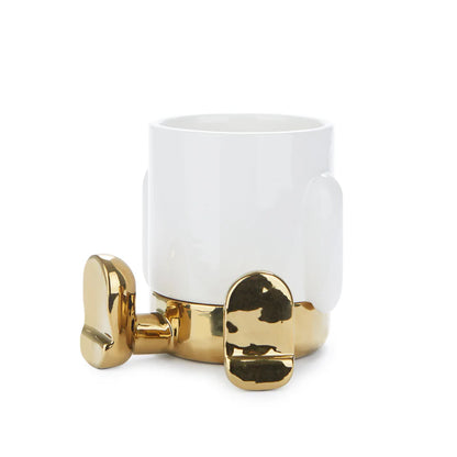 Mini Mr. Sitty Gold vase in white with a gold base, on a white background, side view