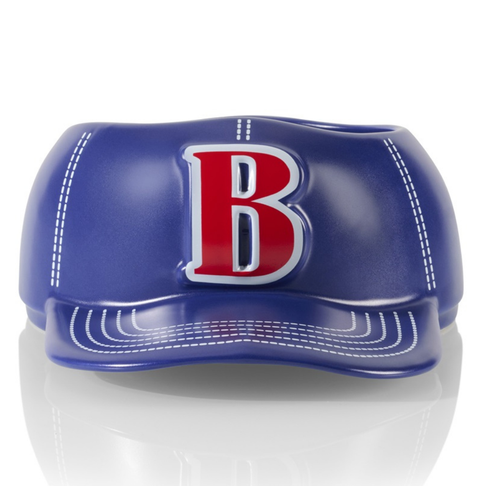 Baseball Cap bowl vase in blue, front view with the raised letter B.