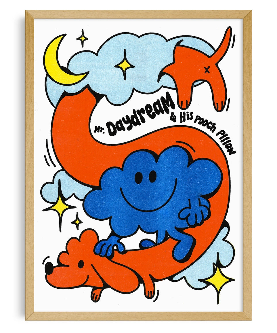 Framed 'Mr. Daydream & His Pooch Pillow' print: a smiling blue cloud with two orange dachshunds on a white background.