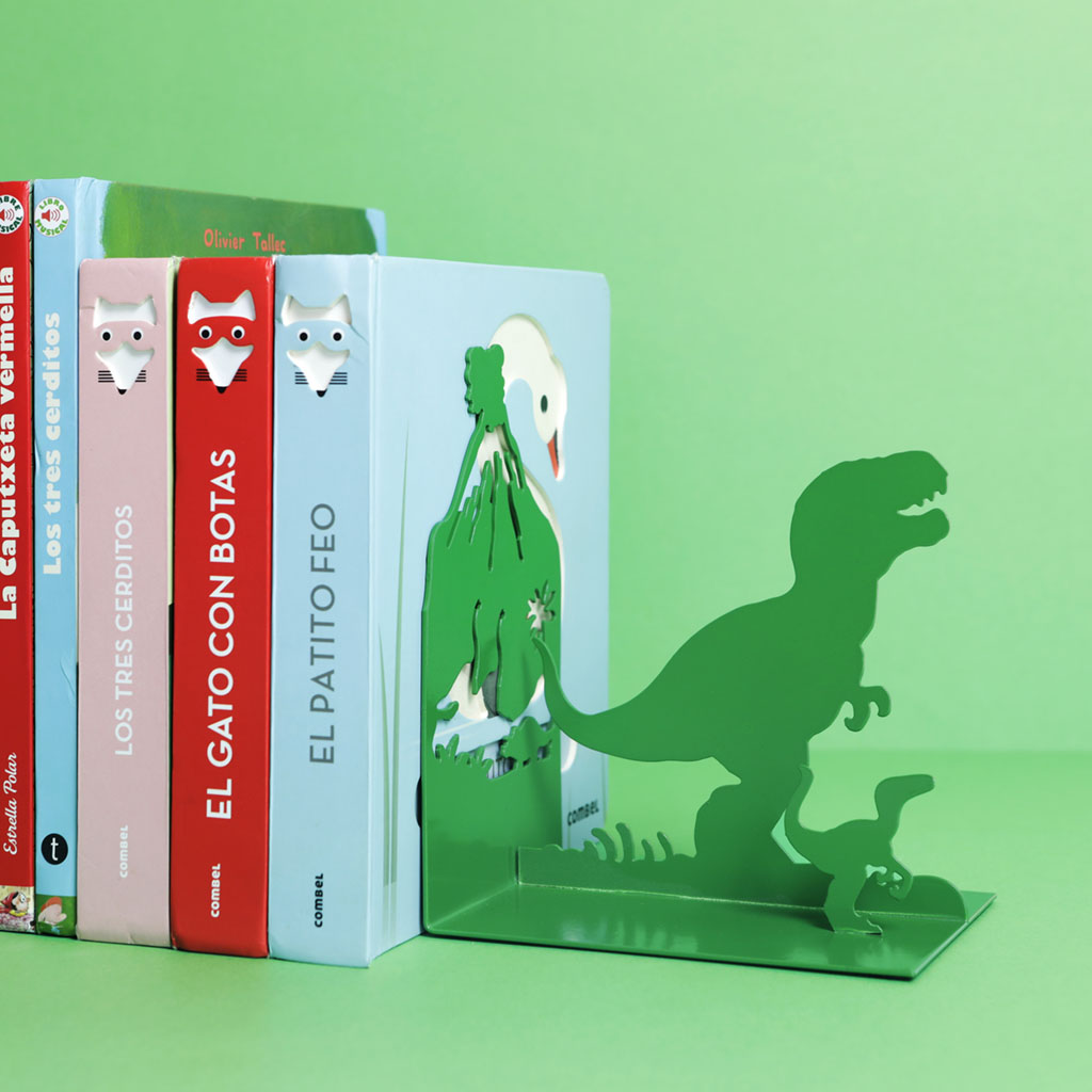 Same Jurassic bookend on a green background, holding children's books