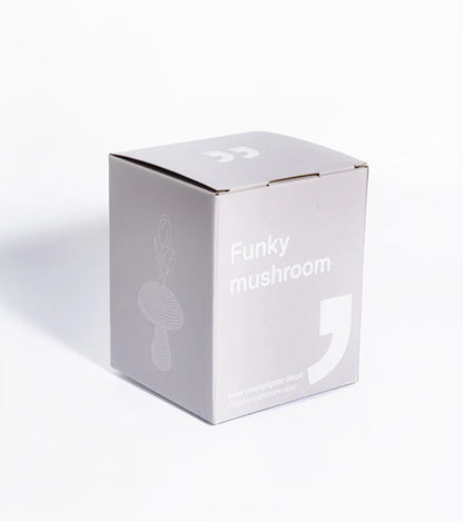 Small disco mushroom pot shown on its packaging box printed with Funky Mushroom