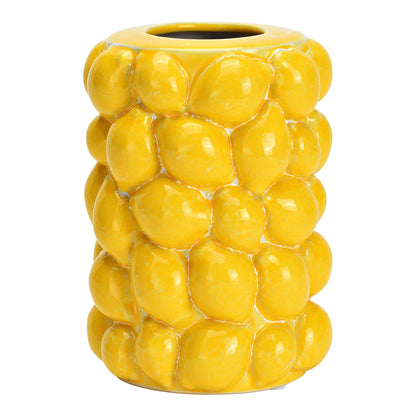 Zest vase in yellow, cylindrical, with a raised texture of small lemon shapes, empty.