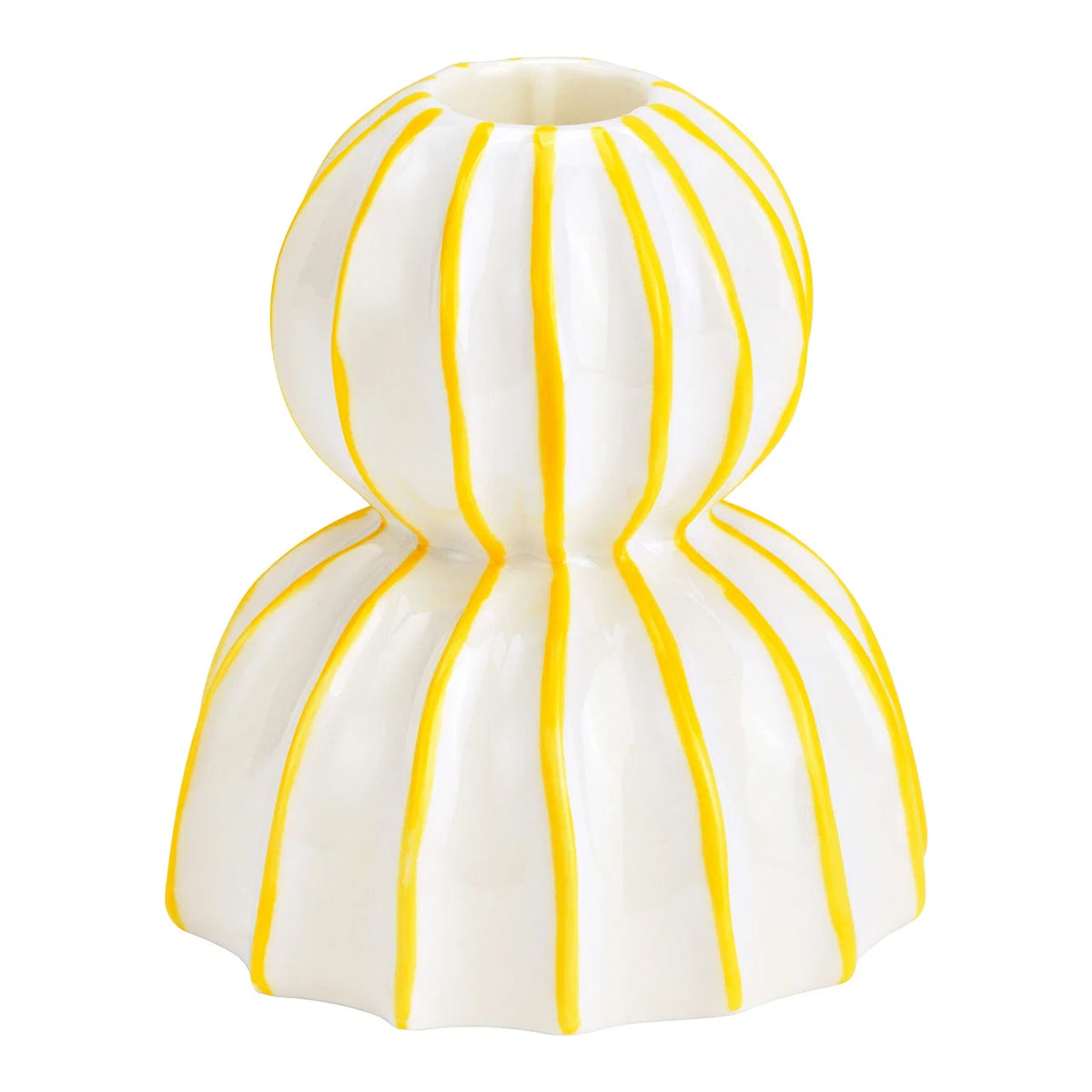 Portacandele Sole: a white candlestick with vertical yellow stripes in an hourglass shape, holding a cream candle.