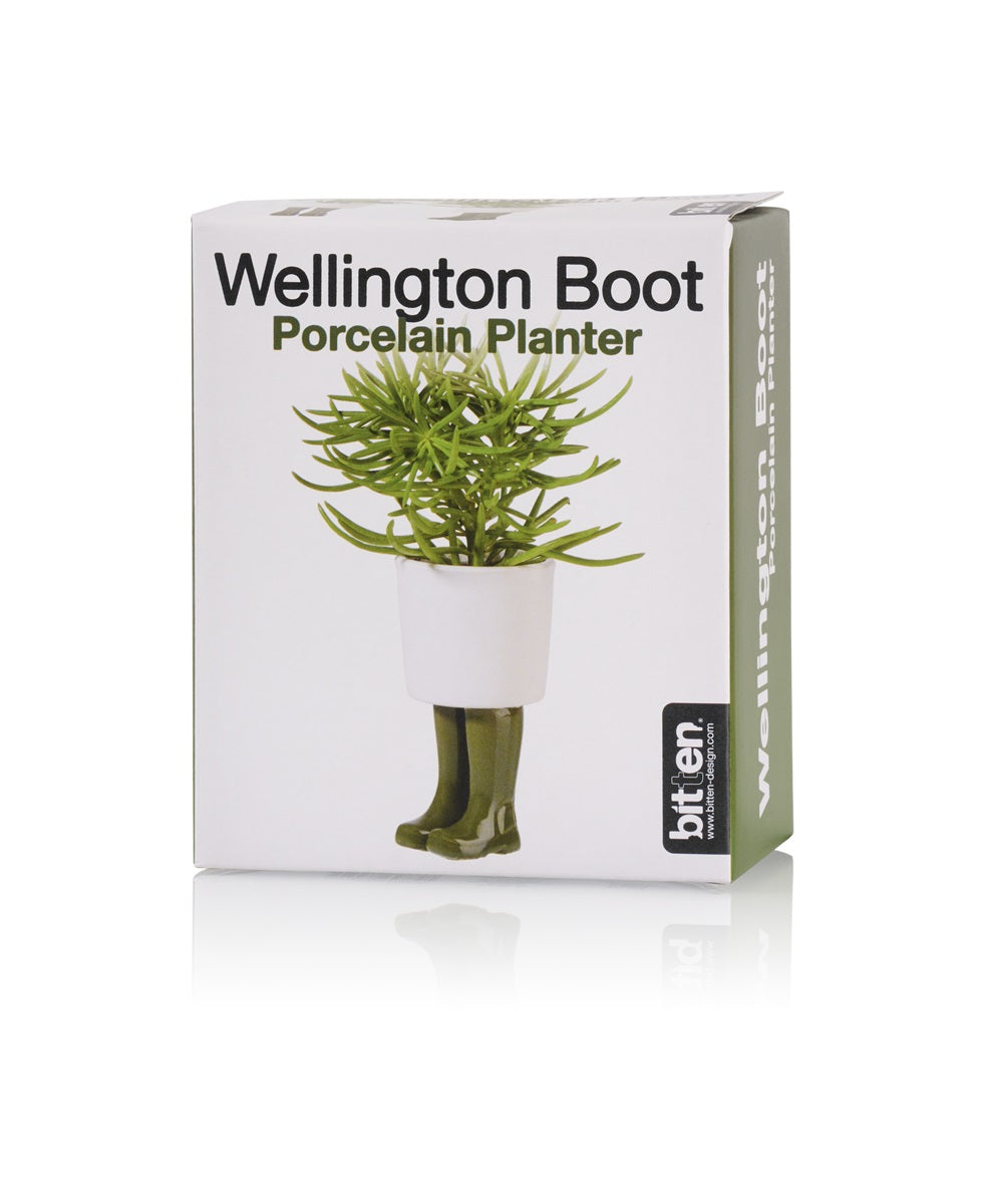 Vaso Piccolo Stivali Wellington, confezione verde con l'illustrazione degli stivaletti sul retro.