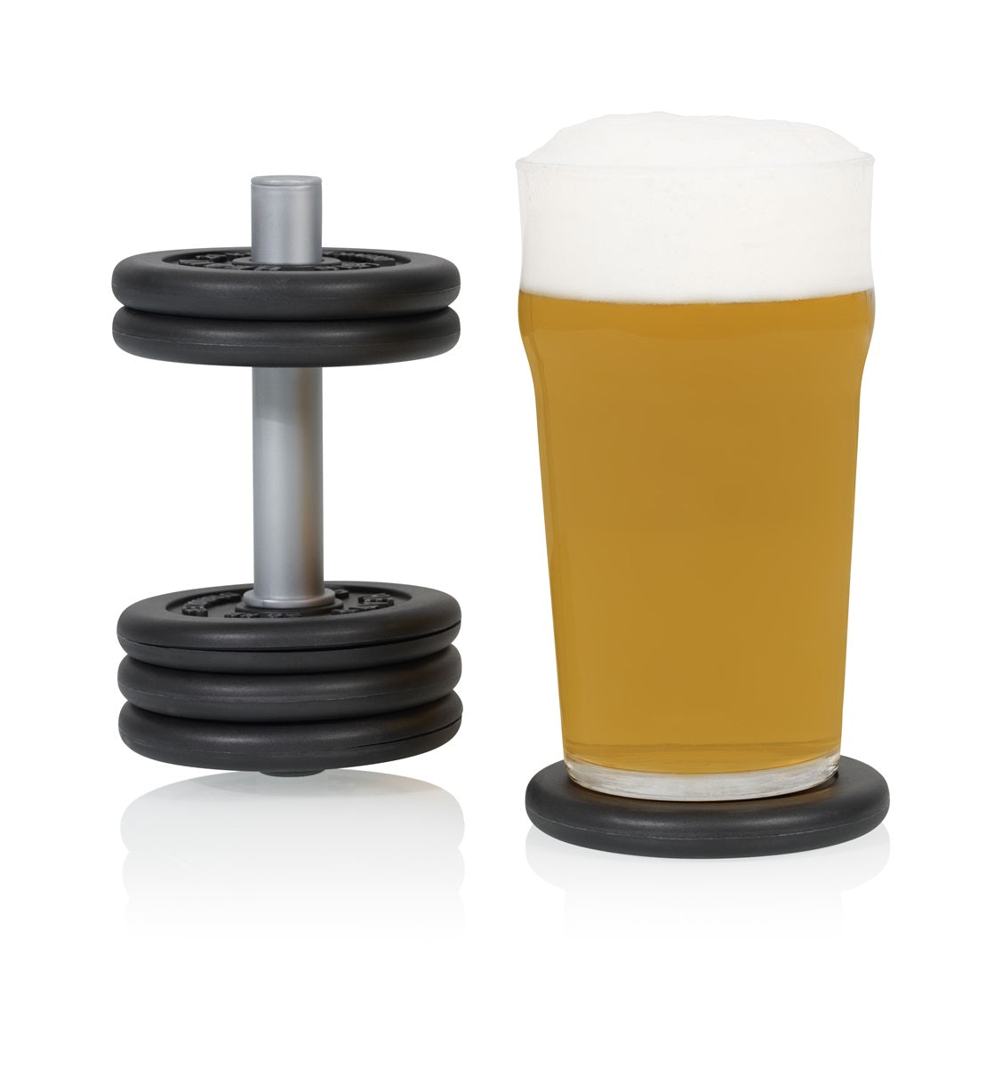 Dumbbell coasters next to a glass of light beer with foam.