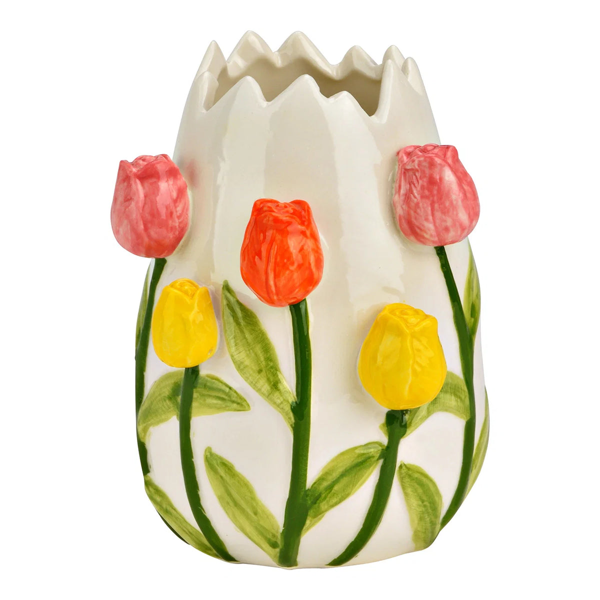 Vaso Tulipano: a white vase with a scalloped rim, decorated with raised red, orange and yellow tulips, shown empty.