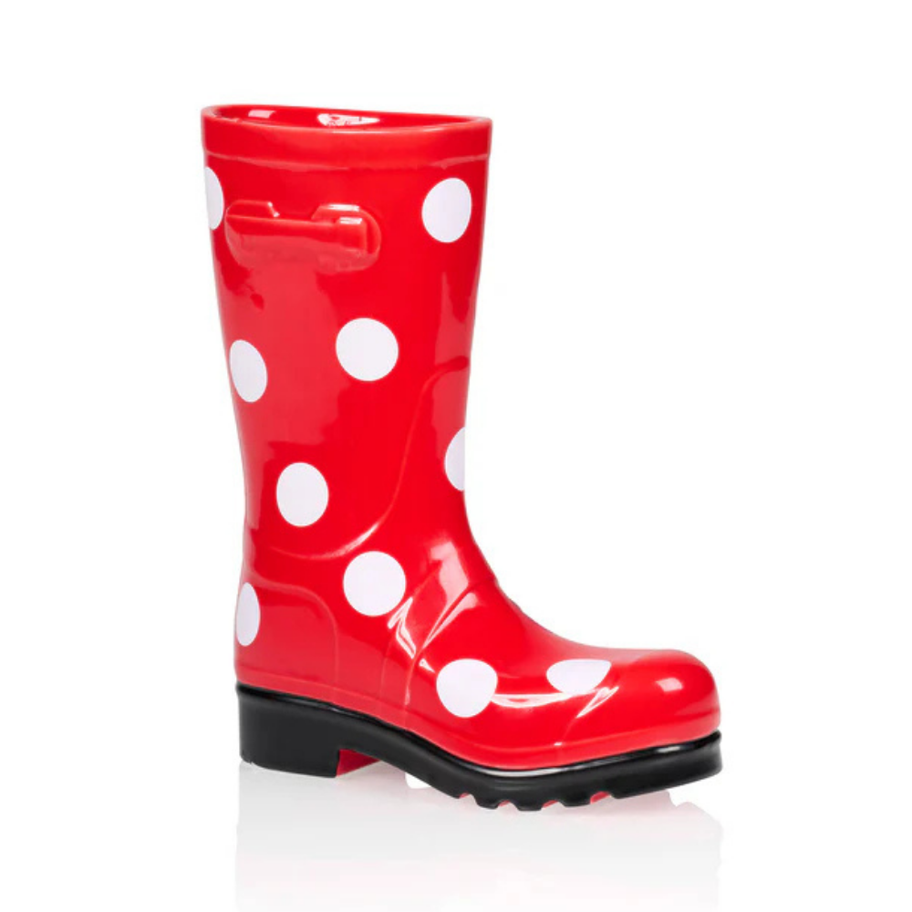 Wellington Pois boot vase in red with white polka dots, side view with no flowers.