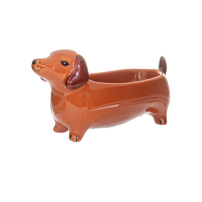 Dachshund catch-all vase in terracotta, shaped like a dachshund with a hollow back.
