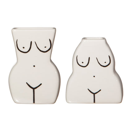 Body Duo vases in white, two vases with a drawn outline of a female bust, different heights, empty.