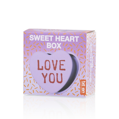 Love You heart box in lilac, in its candy-heart shaped packaging.