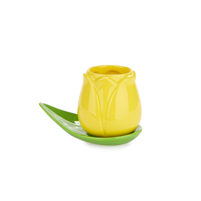 Yellow Tulip cup on a green leaf saucer, on a white background