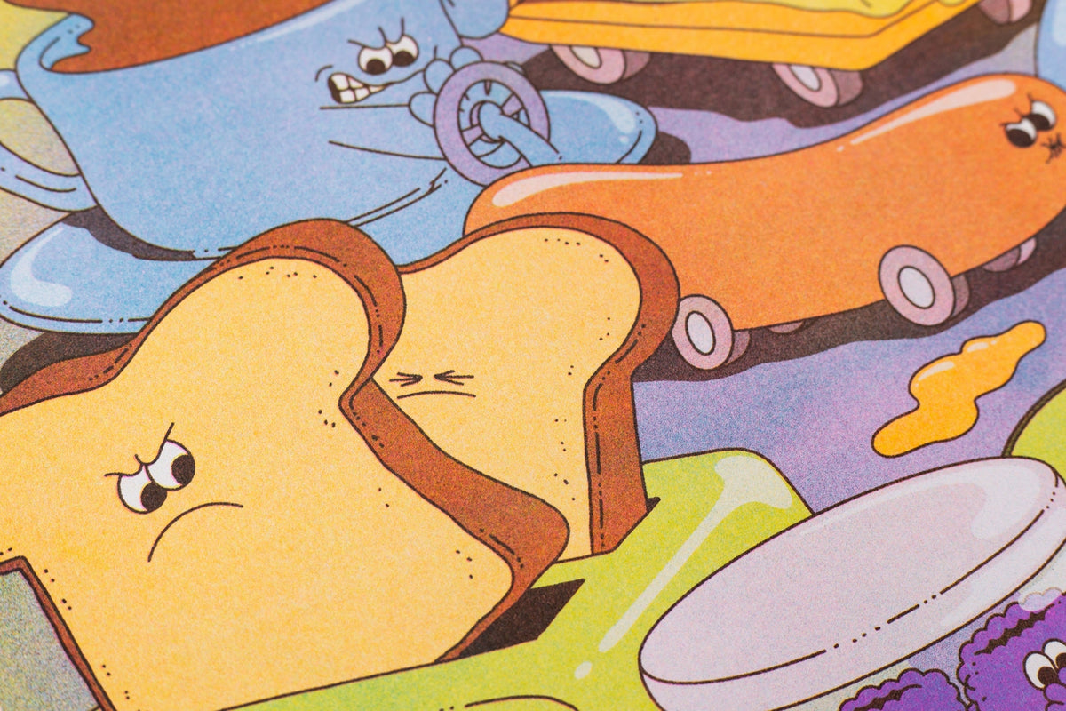 Traffic Jam poster, close-up on the frowning toast and the spilt coffee cup
