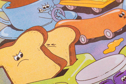 Traffic Jam poster, close-up on the frowning toast and the spilt coffee cup