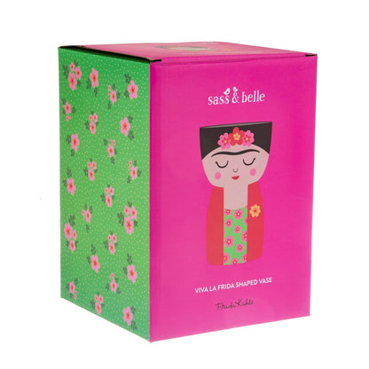 Vaso Frida nella confezione rosa e verde a fiori, vista frontale della scatola.