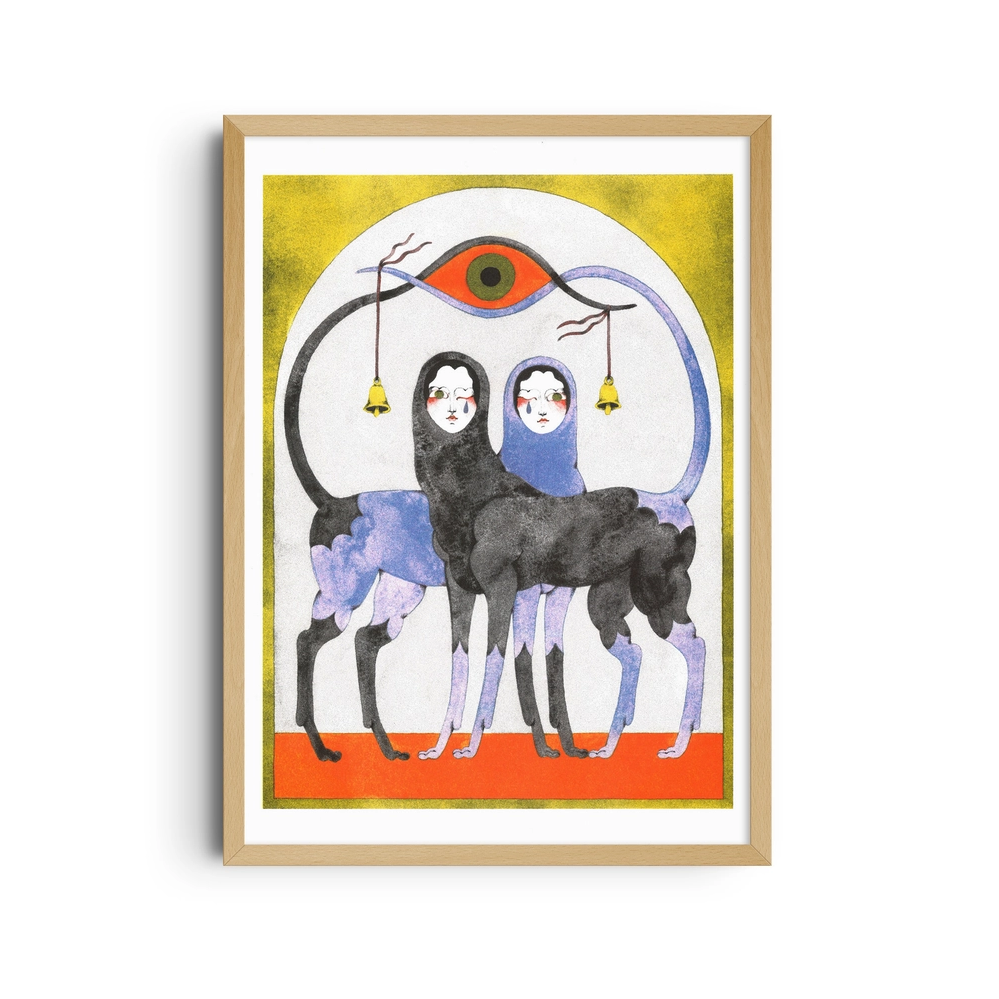 Framed poster of two women with animal bodies beneath a large eye