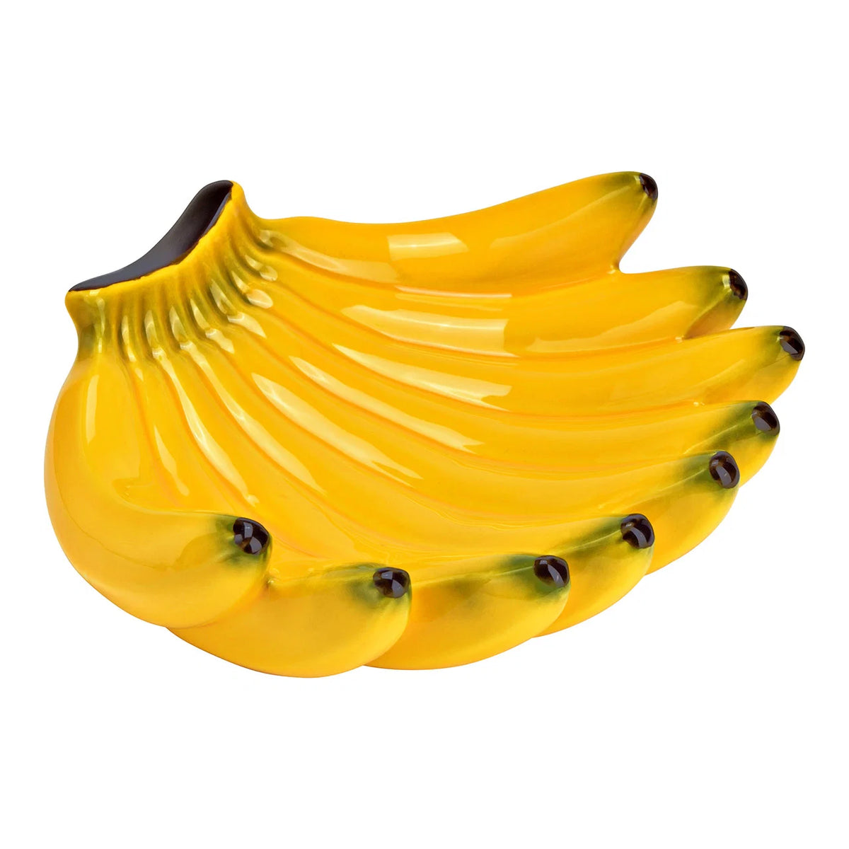 Ciotola Banana: a yellow ceramic dish shaped like a bunch of bananas, shown empty.