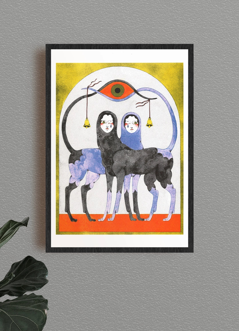 The Game poster framed on a grey wall, two greyhound-bodied figures beneath a large eye