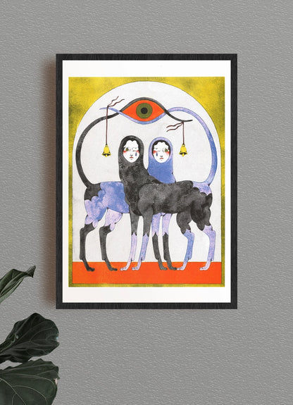 The Game poster framed on a grey wall, two greyhound-bodied figures beneath a large eye