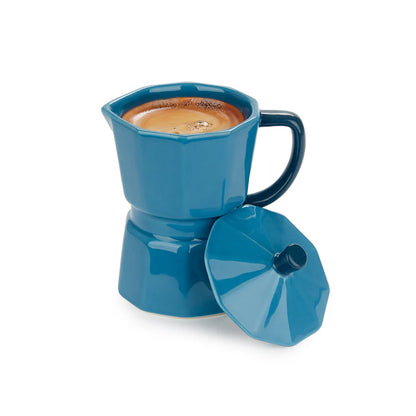 Blue Moka mug on a white background with the lid resting beside it