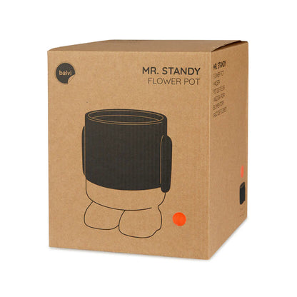 The terracotta robot planter shown in its brown box