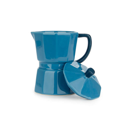 Blue Moka mug, a hand lifting the lid off the mug
