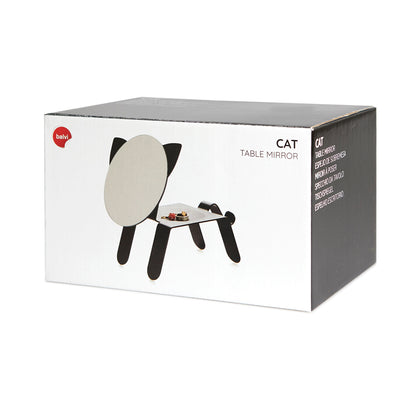 The cat mirror shown in its black and white box