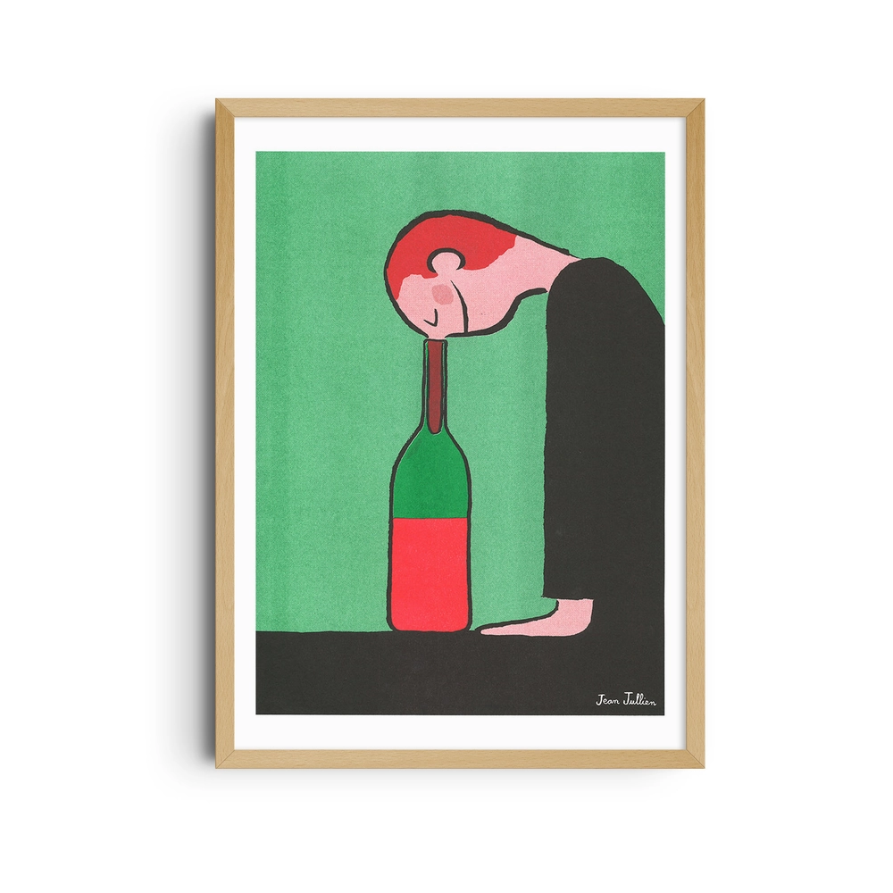 Framed poster on a green background of a figure bending over a bottle