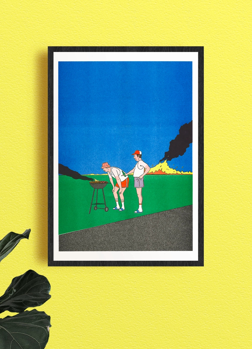 Barbeuc poster framed on a yellow wall, two men at a barbecue with a fire behind them