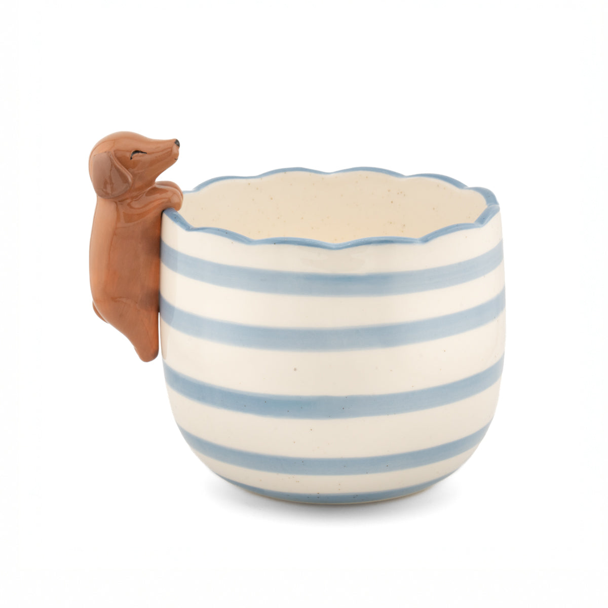 Vaso Bassotto Curioso a righe azzurre e bianche, manico a forma di testa di bassotto, pieno di margherite.