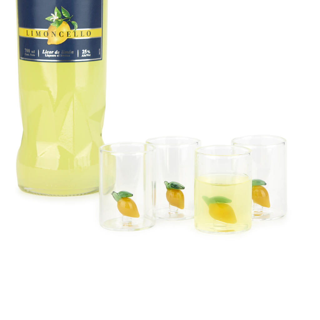 Lemon Shot Glass Set: the limoncello bottle beside the glasses, some of them filled.