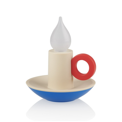 Candle Memphis lamp with a white flame, red ring handle and blue base, on a white background.