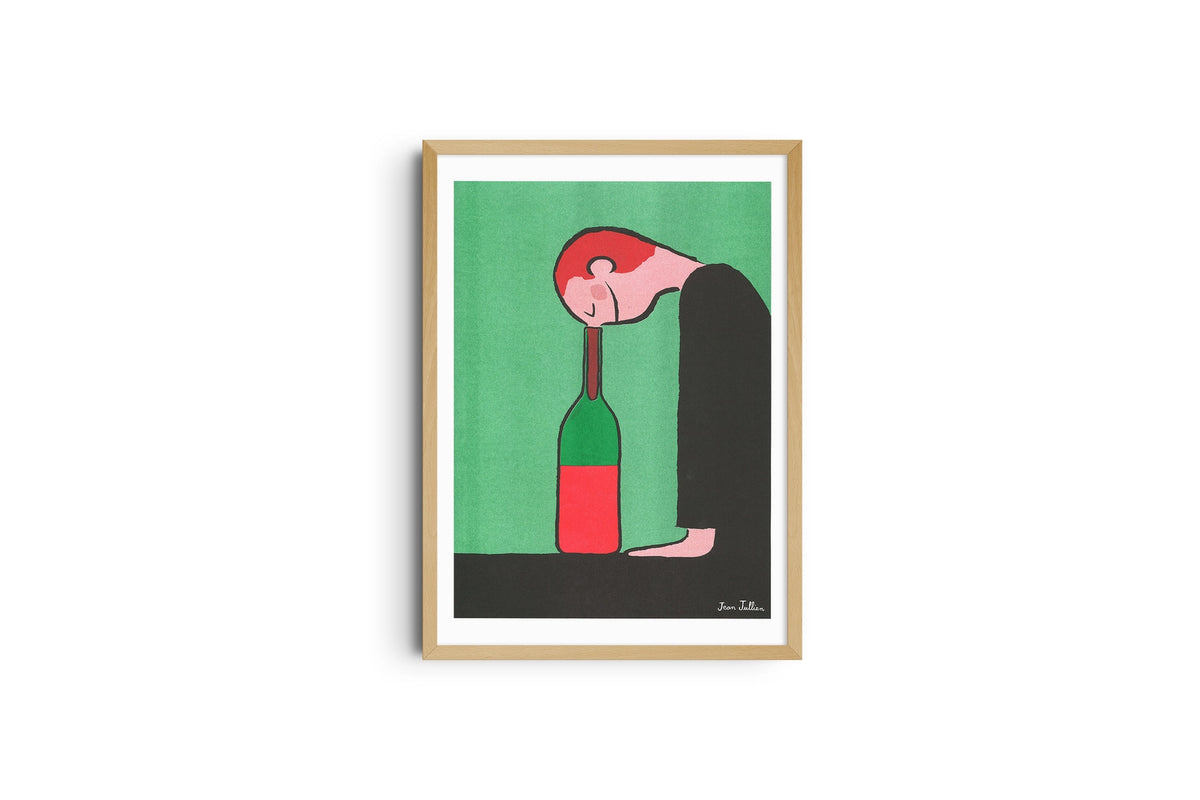 Bottiglia poster framed in light wood, a figure bent over a red bottle on a green background