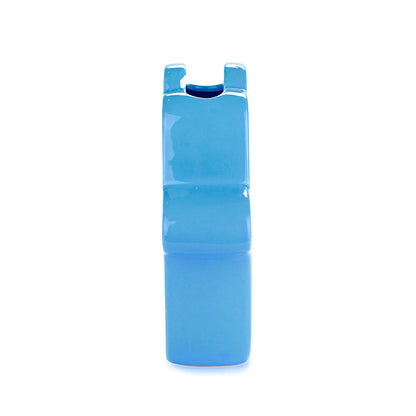 Blue Lucky Hand vase seen from the side, with the flower opening