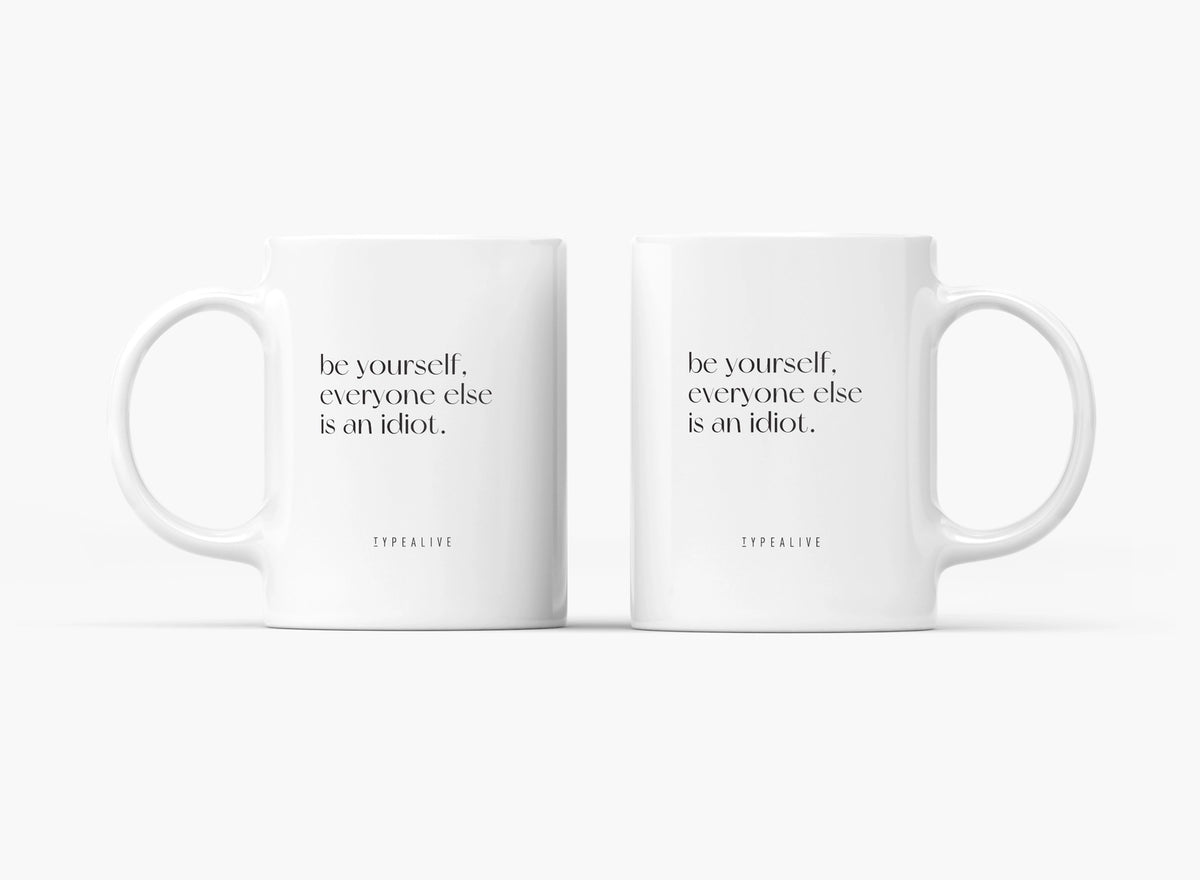 Be Yourself mug in white, two pieces side by side with the be-yourself quote.