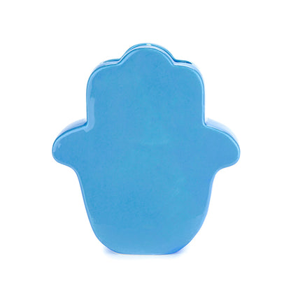 Blue Lucky Hand vase seen in profile, without the face design