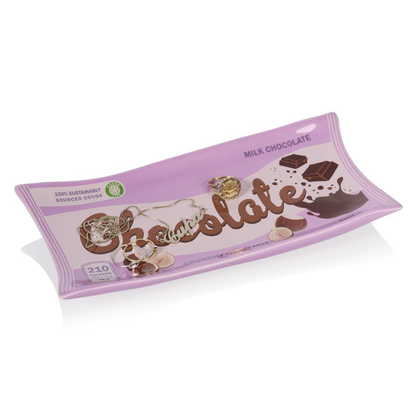 Chocolate tray in wavy purple, empty on a white background, printed "milk chocolate".