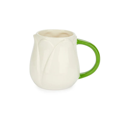 White Tulip mug with a green handle on a white background