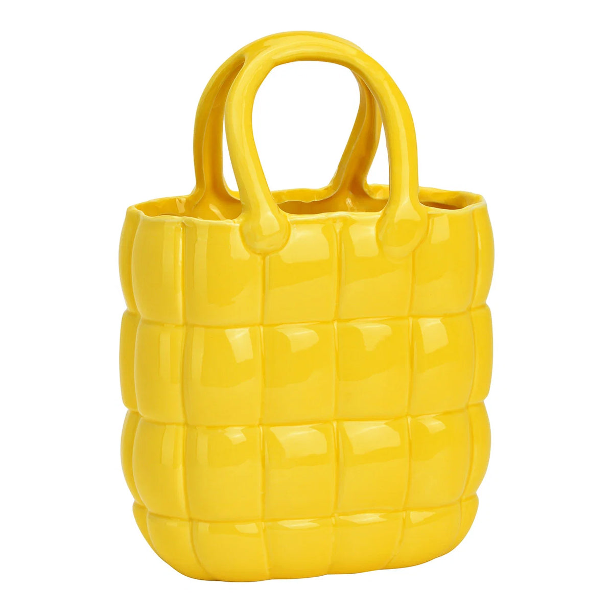 Vaso Borsa: a glossy yellow ceramic handbag with a quilted texture, used as an empty vase.