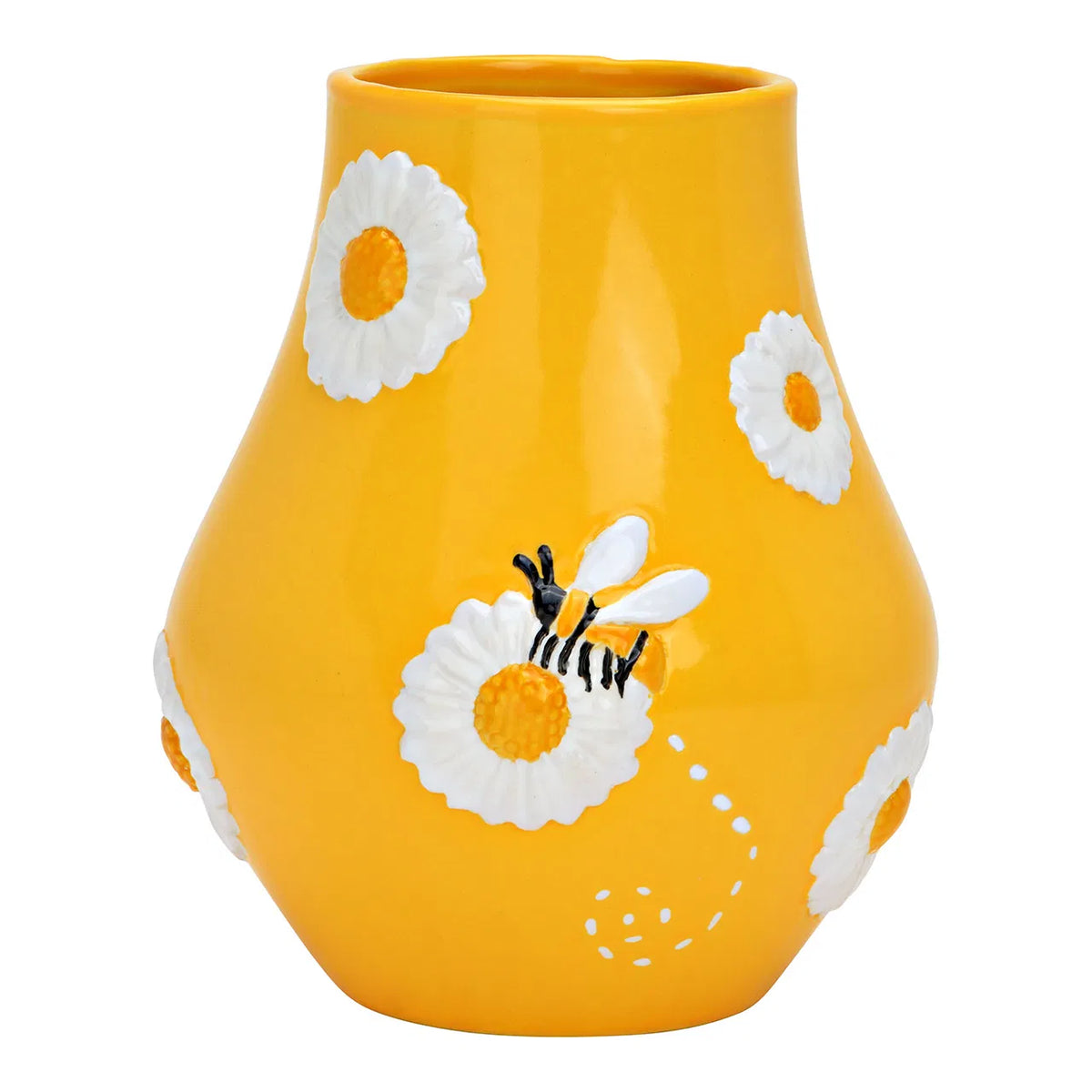 Vaso Bee Happy: a yellow vase decorated with white daisies and a bee, shown empty.