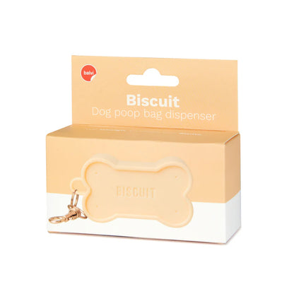 Biscuit dog poop bag dispenser in its box with the clip